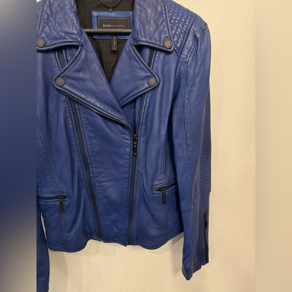 BCBGMaxAzria Blue Leather Moto Jacket - Picture 3 of 5